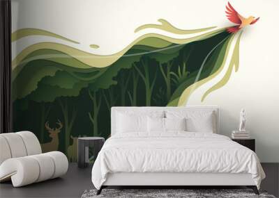 Flying bird in natural forest layered shape wavy background in paper cut style Wall mural