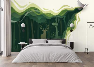 Flying bird in natural forest layered shape wavy background in paper cut style Wall mural