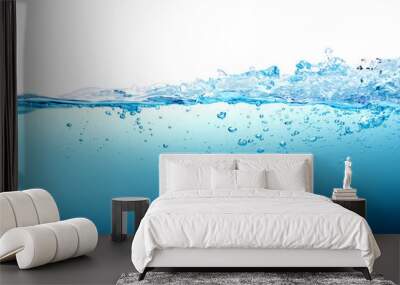 Close up blue Water splash with bubbles on white background Wall mural