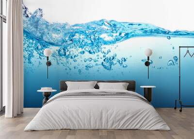 close up blue water splash with bubbles on white background Wall mural