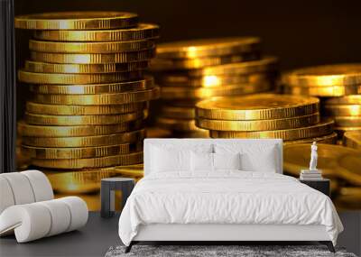 close up gold money coin stacking on dark background Wall mural