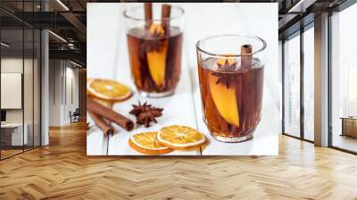 Mulled wine in night celebration of  New Year party and delicious Christmas drink for autumn and winter season Wall mural