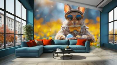 A bunny with glasses holds a basket of Easter eggs Wall mural