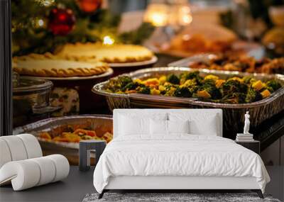 Christmas dinner buffet with holiday dishes and decorations in cozy kitchen Wall mural