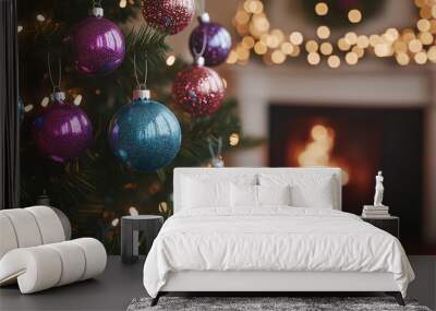 Colorful Christmas ornaments and twinkling lights on a decorated tree during the festive holiday season Wall mural