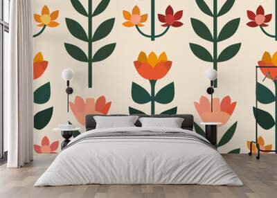 Geometric floral pattern, vibrant warm colors Wall mural