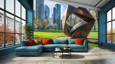 Modern sculpture in urban park, citi background Wall mural