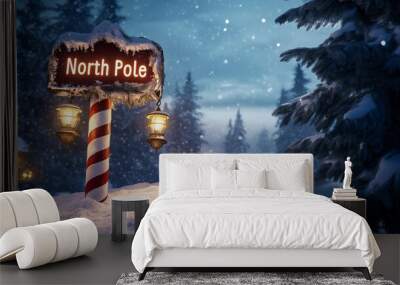 North Pole signpost with lanterns Wall mural