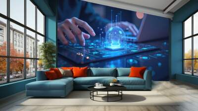 Businesswoman using digital tablet analyzing business data with holographic globe Wall mural