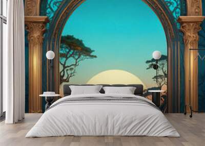 Ornate archway with gold detail is framing a beautiful sunset over a calm ocean Wall mural