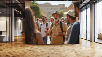 Senior tour guide explaining interesting facts during sightseeing tour Wall mural