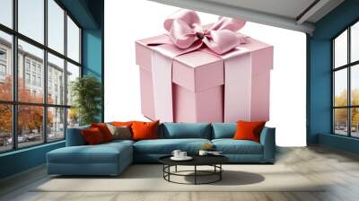 Pink gift box present with pink shiny ribbon Wall mural