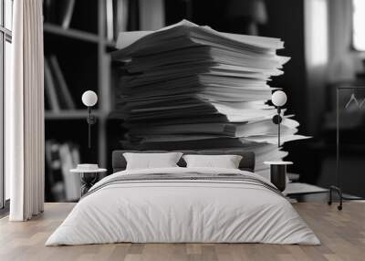 A huge stack of documents on table. Workload. Paperwork. Black and white photo Wall mural