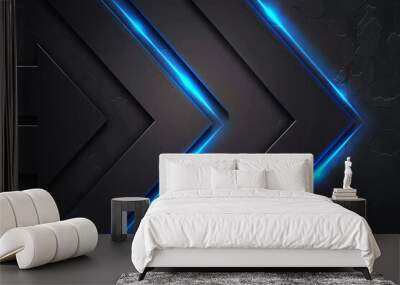 Black arrows on black background that are illuminated with blue neon light Wall mural