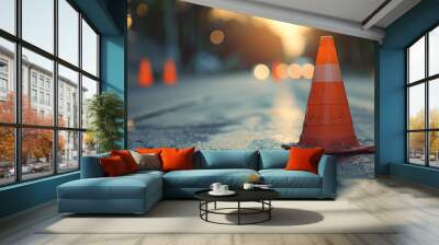 Close-up photo of orange signal cone with white stripes that signal problems on public roads or construction or repair work. Wall mural