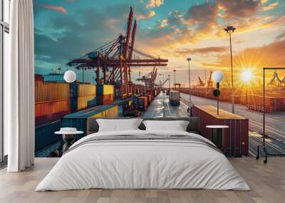 Concept of global business logistics import export and container cargo freight ship. Loading at industrial port, container handlers. Wall mural