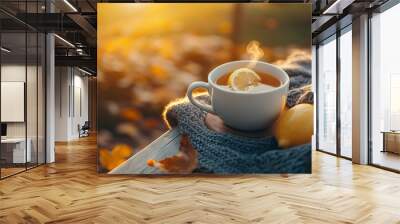 Cozy autumn. A cup of hot tea and lemon on table in park. Wall mural