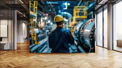 Engineer in uniform at factory works with equipment and checks it Wall mural