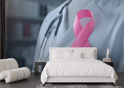 Fighting cancer in women. Purple ribbon on white doctor's coat. Face not visible. Wall mural