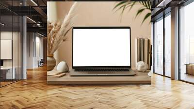 Mockup template for silver laptop on wooden table. Cozy workspace
 Wall mural