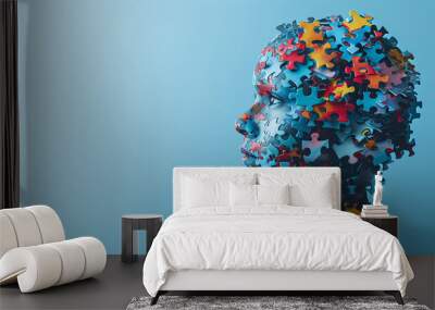 Person's face on blue background, consisting of multi-colored puzzle elements. Wall mural