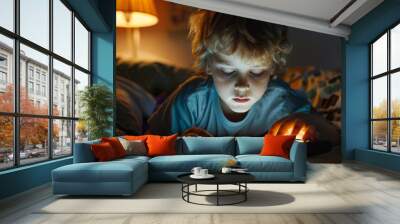 Phone addiction since childhood. Boy looks at his phone in dark room. Wall mural