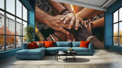 Photo of hands of diverse people unity. No racism and unity of different people concept  Wall mural