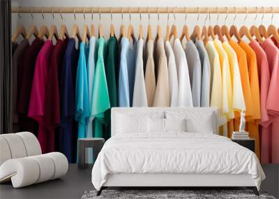 photo of rack of t-shirts of different colors hanging on hangers. fashionable and varied clothing co Wall mural