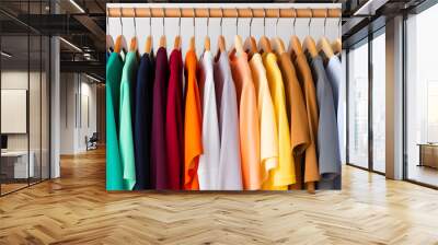 Photo of rack of T-shirts of different colors hanging on hangers. Fashionable and varied clothing concept Wall mural