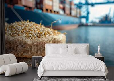 Photo of sack of grain standing on the shore of port. Close-up photo. Ship is visible on the background. Concept of food delivery by sea Wall mural