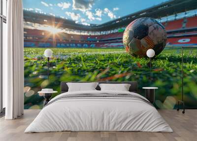 Photo of soccer ball lying on the grass of stadium. Close photo Wall mural