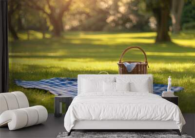 Summer rest on picnic in the park. There is blanket and basket of food on the grass. Wall mural