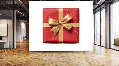 Top vies of red gift box with gold bow and ribbon without background Wall mural