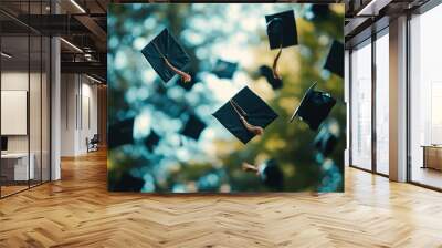 Tradition of school and university graduates throwing their mortarboard into the air. A large number of mortarboard in the air
 Wall mural