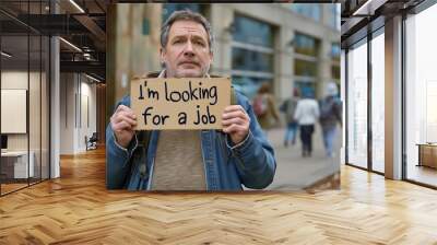 Unemployed middle-aged man holds a sign with the inscription 