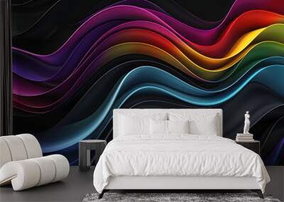 Volumetric darkened lines of black and rainbow colors create wave effect on black background. View from above. Volumetric 3D abstract background Wall mural