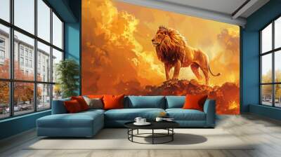 A majestic crowned lion on a hill in a fiery scene Wall mural