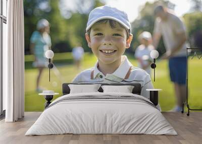 A young boy wearing a cap and polo shirt smiles while standing outdoors on a sunny day playing golf. Wall mural