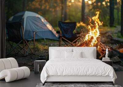 Bonfire, Camping Chairs, and Tent in the Forest. Wall mural