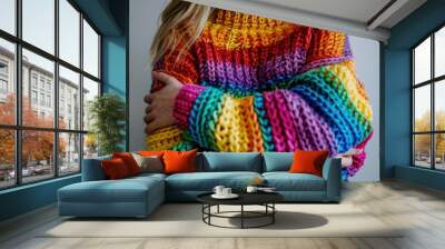 Close-up of woman wearing colorful oversized rainbow sweater Wall mural