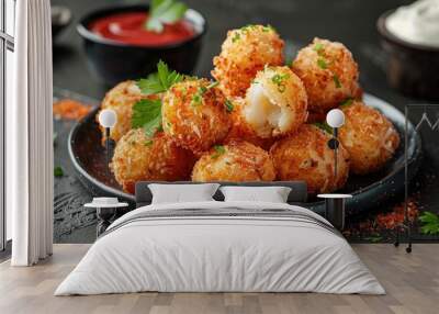 Crispy cheese croquettes on black plate with ketchup Wall mural