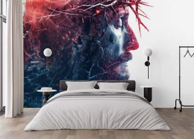 Double exposure of Jesus Christ with crown of thorn and the cross in a white background. Digital artwork. Wall mural