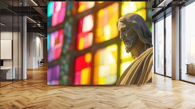 White statue of Jesus Christ against vibrant colorful stained-glass in a background. Faith, hope, and Christianity. Religious and spirituality concept. Wall mural