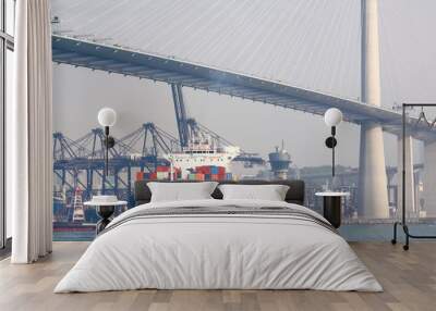 container ship and modern bridge Wall mural