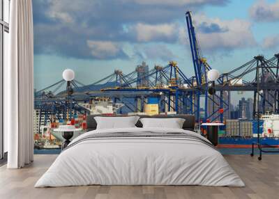 trading seaport with cranes, cargoes and the ship Wall mural