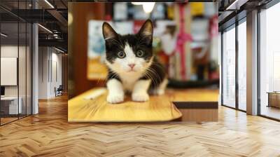 A little scared kitten with wide eyes.
A black and white kitten with a colorful background with a look of surprise on her face. Wall mural