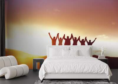 big group happy people's silhouettes success raised hands Wall mural