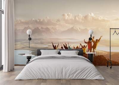 Big group of people success mountain top Wall mural