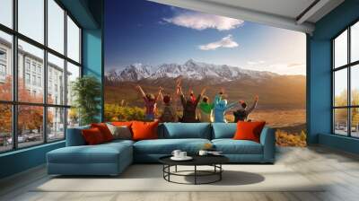 Group happy friends having fun mountain top Wall mural