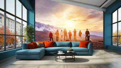 Group people sunset mountains view Wall mural